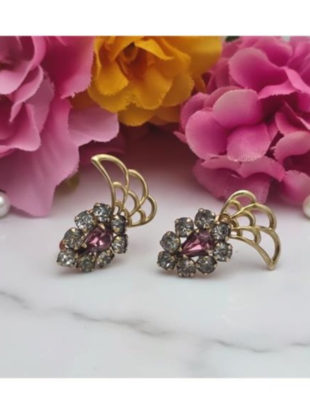 Vintage Phyllis 12K GF Screwback Earrings Purple Rhinestone Floral Cluster Fan